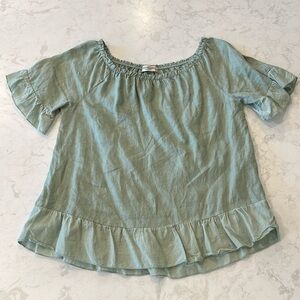 Terzo Millennio 100% Linen Made In Italy Sage Flutter Sleeve Hem Blouse Small